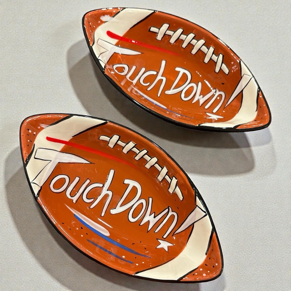 Football‎ Shaped Touch Down Super Bowl Ceramic Snack Dip Dish Clay Art Lot of 2